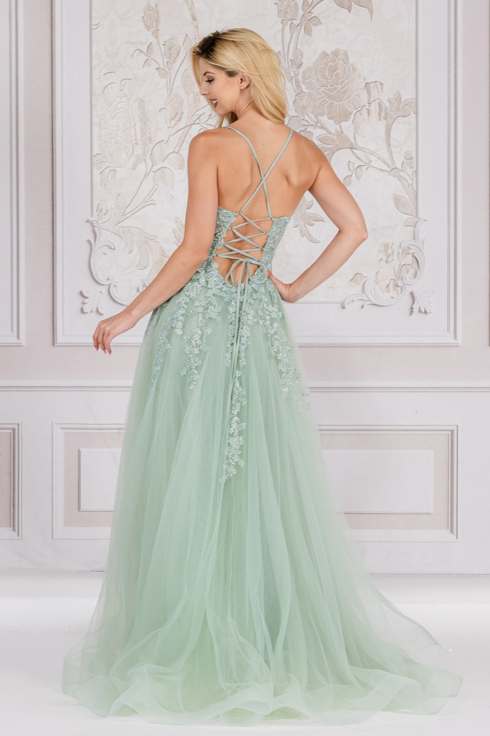 Amelia Couture TM1006 Long A-Line Embroidered Bodice Leg Slit Dress