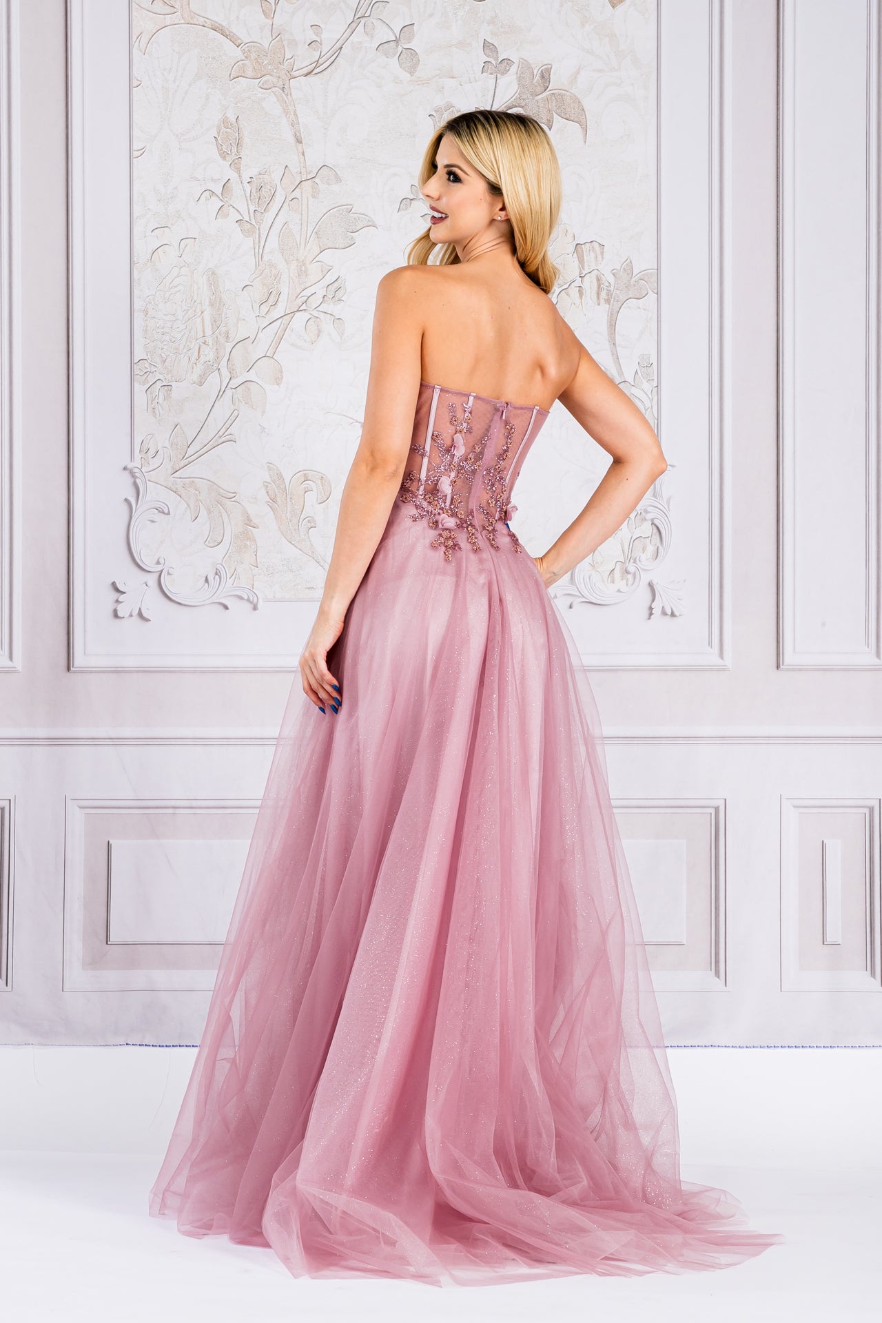 Amelia Couture TM1015 Long A-Line Bustier 3D Flower Bodice Strapless Dress