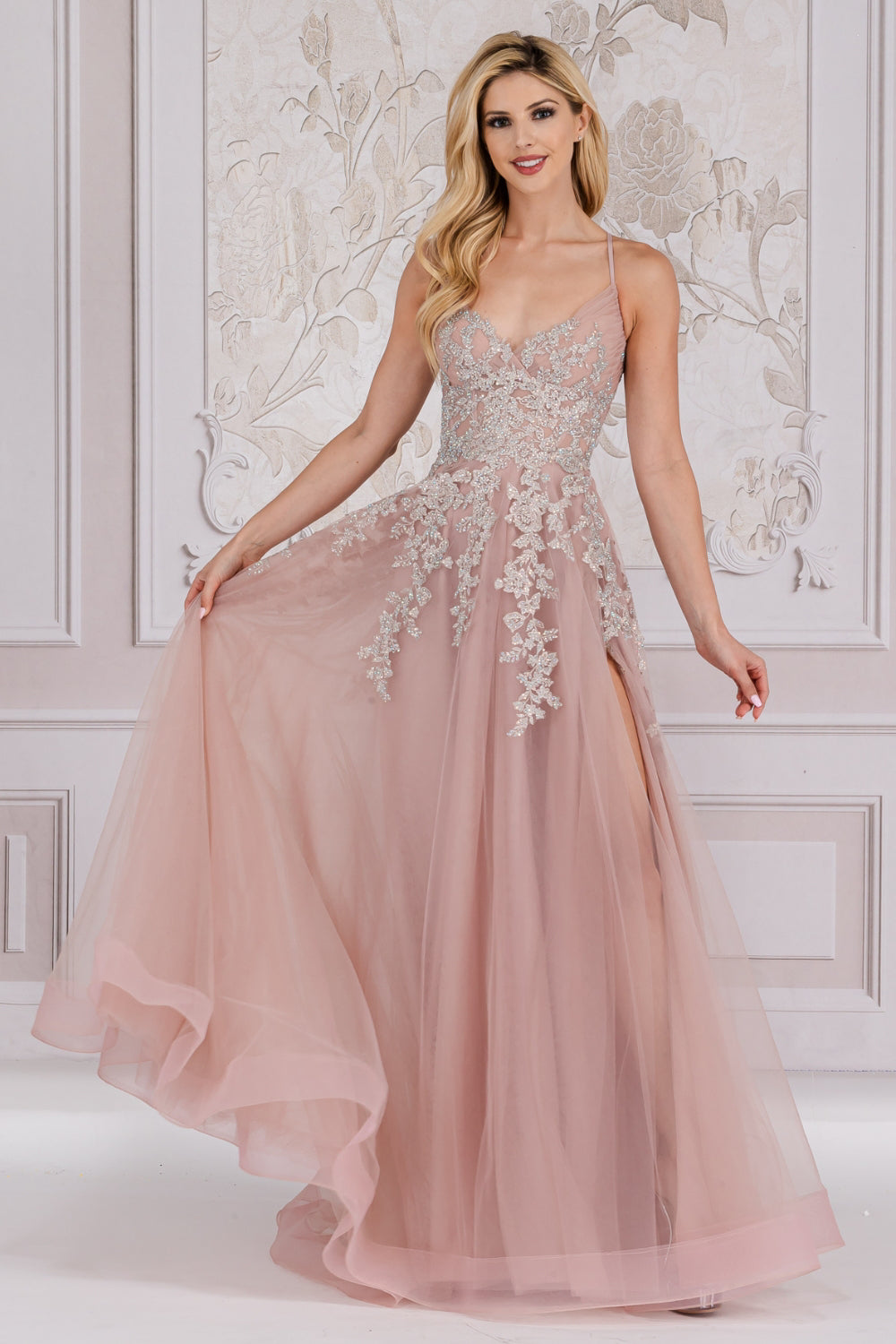 Amelia Couture TM1006 Long A-Line Embroidered Bodice Leg Slit Dress