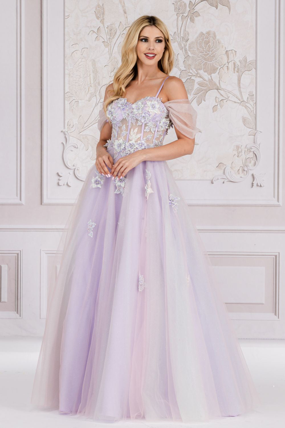 Amelia Couture 7044 Long A-Line Two Tone Tulle Skirt Cold Shoulder Gown