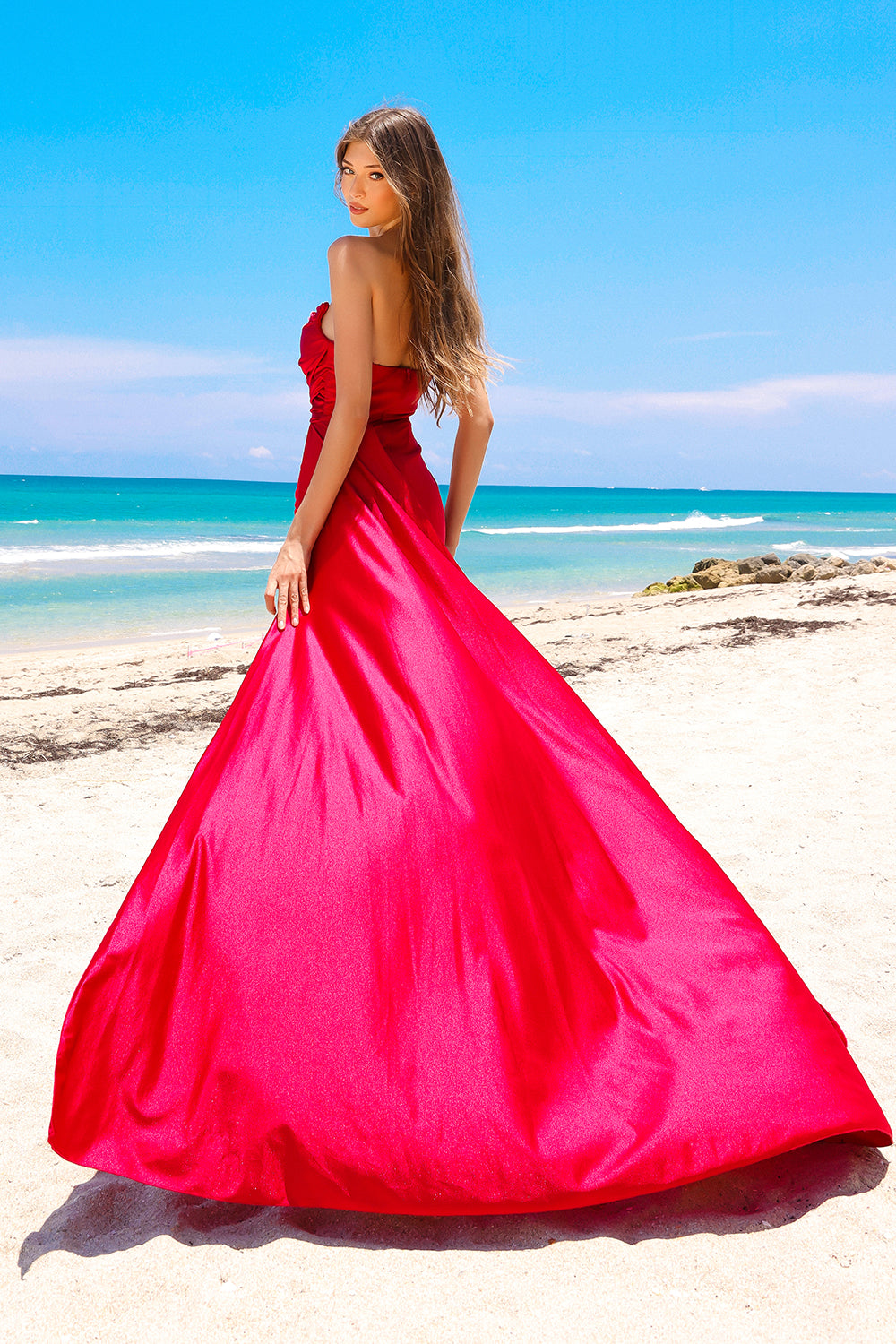 Amelia Couture 3013 Floor Length Strapless Pointed Bust Fitted Slit Gown