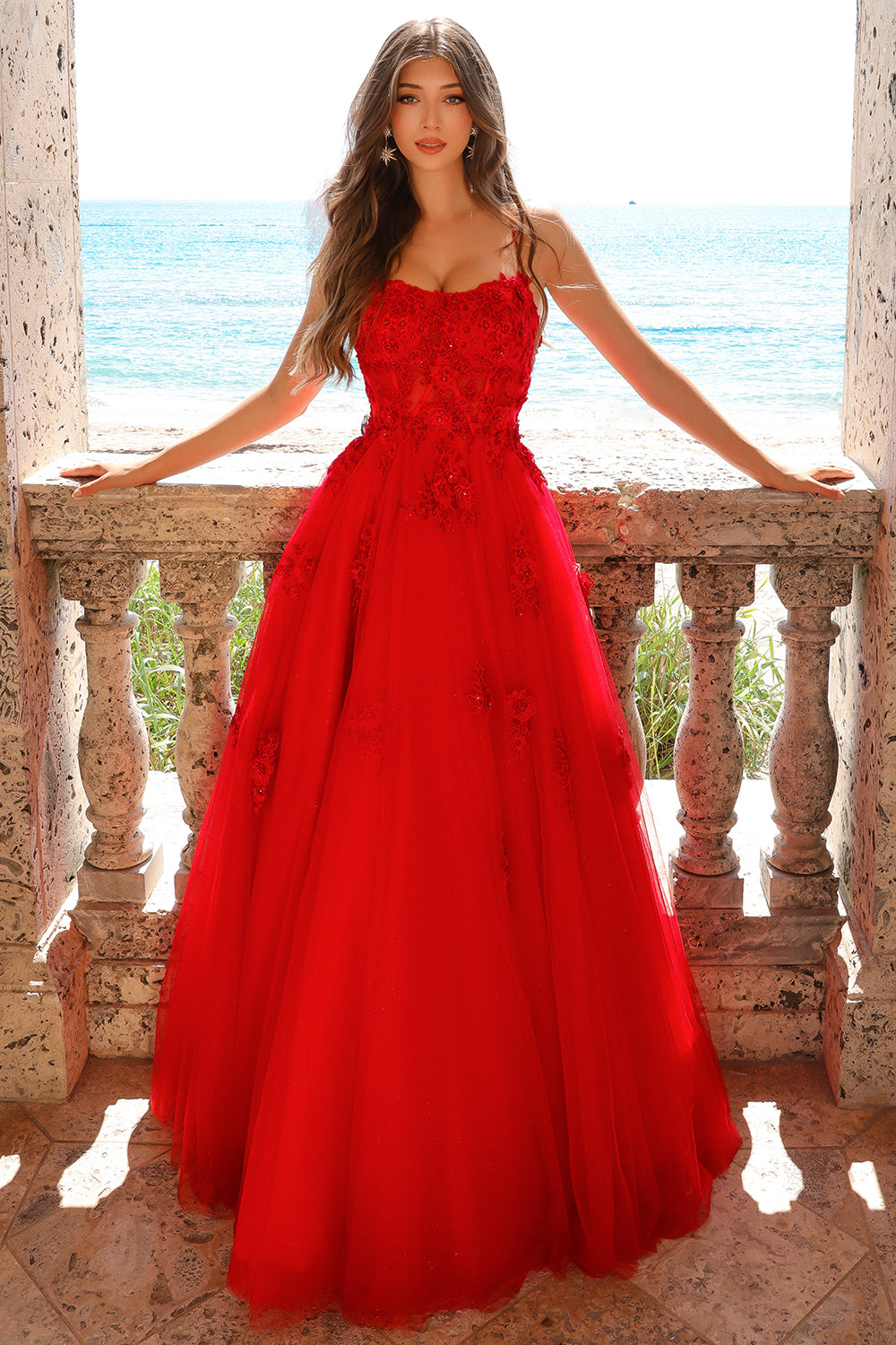 Amelia Couture 7035 Floor Length A-Line Ballgown 3D Flower Applique Amelia Couture 7035 Floor Length A-Line Ballgown 3D Flower Applique